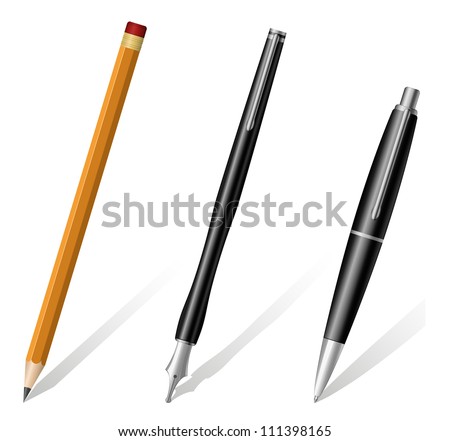 Vector illustration of pencil, pen and fountain pen icons