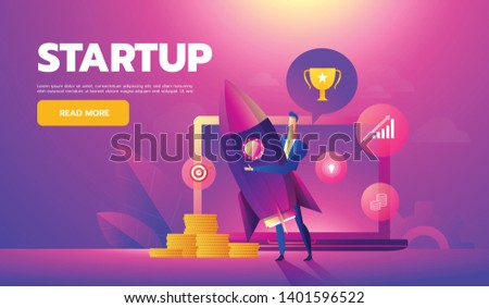 Start up concept. Businessman holds a flying rocket in hand, symbol of start of project's launch. Vector illustration cartoon flat design Photo stock © 
