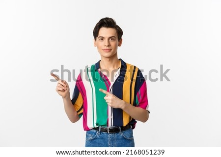 Similar – Image, Stock Photo Stylish androgynous man standing in darkness