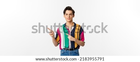 Similar – Image, Stock Photo Stylish androgynous man standing in darkness