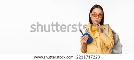 Image, Stock Photo Pleased tourist with backpack taking selfie on smartphone sitting on bridge above mountain river