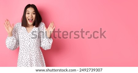 Similar – Image, Stock Photo Glad lady against pink background