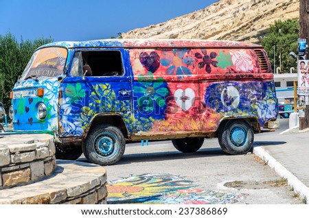 MATALA - AUGUST 20. Hippie-Bus from the Hippie Festival in Matala, Greece on AUGUST 20, 2013.