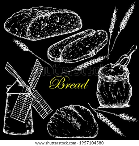 Bread. Half and chopped flour product. Ears of wheat. Mill. A bag of flour and a spatula. Chalk board. Vector hand drawn illustration. Isolated over black background. Registration of bakery products a