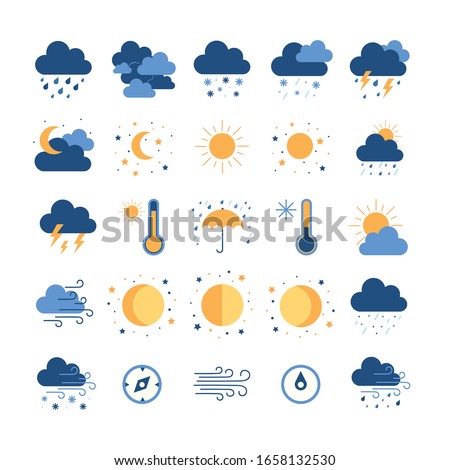Set of simple outline icons - weather or forecast sings with clouds, snow, rain, , wind, sun and moon