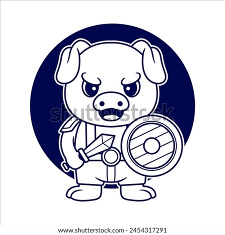 Adorable pig with warrior costume holding shield and sword. outline art