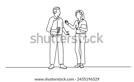 continuous line drawing two people meet and talking during break time, business concept vector illustration	
