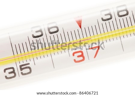 Close-up view of medical thermometer isolated on white background. Temperature is 37.2