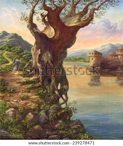 Old tree at water. Sergey Voevodin 1998. Oak on a rocky shore. oil canvas painting