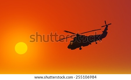 Helicopter at sunset. Fly to the sun. Beautiful sky. \
Red glow. crimson decline.