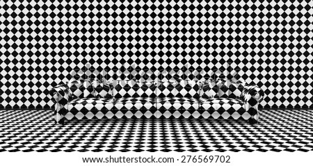 Sofa black and white. Texture of rhombus. The walls and floor are also monochrome. Visual effects. Pop Art. 3D illustration, rendering.