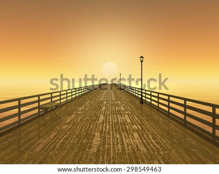 Wet pier on the sea at sunset. Lanterns and benches. Lonely landscape and dramatic sky. The image is drawn in 3d - Vector Illustration EPS 10.