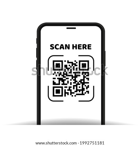 Scanning QR Code with mobile phone and text scan here vector illustration.