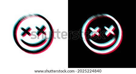 Vector Illustration Crazy Scary Brush Stroke Smile With 3D Tech Glitch Effect On White And Black Background