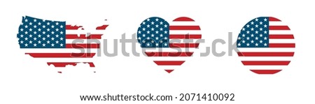 USA flag icons set in the shape of heart, circle and map. American flag. US flat vector