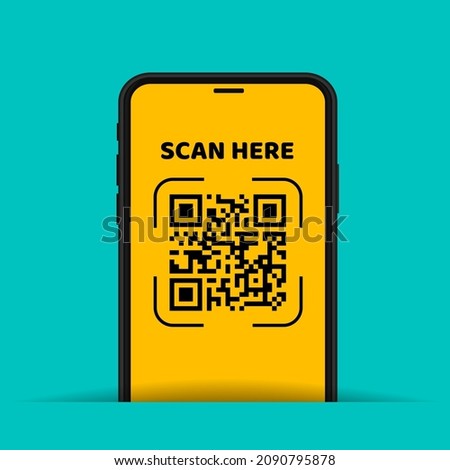 Scanning QR Code with phone and text scan here on mobile screen, vector illustration.