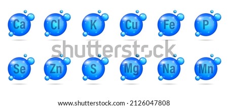Set of mineral complex. Drop pill capsule collection K, Cl, Ca, Cu, Mn, Na, Fe, Mg, Se, Zn, S, P. Multimineral pill capsule supplement illustration concept. Blue drug nutrition design. Stock foto © 