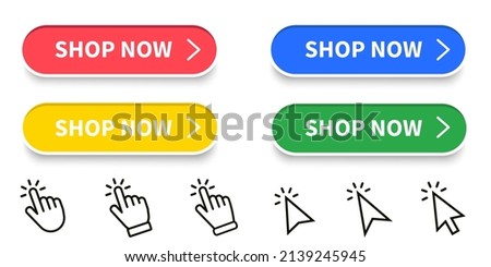 Shop now button with hand cursor set. Button hand pointer clicking. Shop now. Online shopping. Vector design