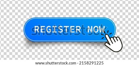 Blue register now label in modern style on transparent background. Banner promotion. Click button. Sticker design

