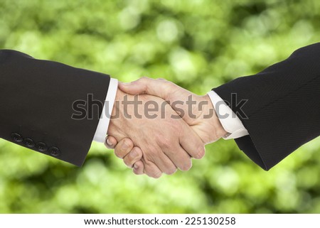 Business handshake and business people, on beautiful green background