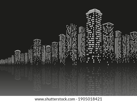 Urban night modern landscape, black and white silhouette with shadow, vector image in flat design.