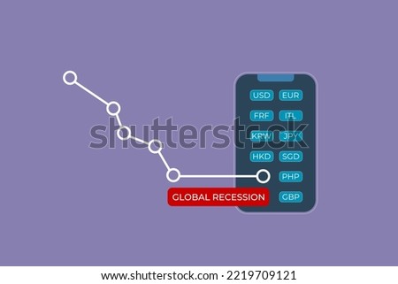 illustration of global recession with stock chart falling sharply.  
Currencies from various countries such as USD, EUR, JPY, ITL, HKD, SGD countries experiencing global recession