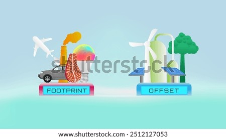 Illustration of activities that produce emissions (carbon footprint) on the left which is balanced by carbon offsets on the right. Suitable for illustrations of net zero emissions and global warming