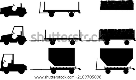 icon vector set with different airport tractors with trailers and dollies, bagagge and ULDs