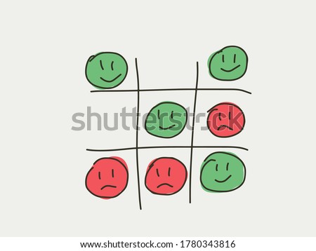 Tictactoe game of happiness and unhappy face. Emotion lifestyle concept game. Tic-tac-toc represent the balance and compete of happy and unhappy time or emotion in life. Life style emotion concept 