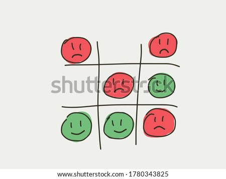 Tictactoe game of happiness and unhappy face. Emotion lifestyle concept game. Tic-tac-toc represent the balance and compete of happy and unhappy time or emotion in life. Life style emotion concept 