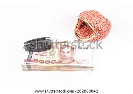 Concept of budget for car loan with wallet on white background