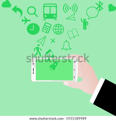 Holding phone for communication and paying online . Hand holding phone with short messages, icons and emoticons. Colorful speech bubbles boxes on smartphones.icon floating in the air.hand holding .