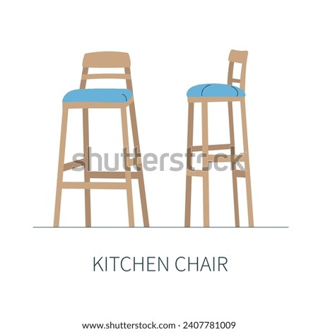 High kitchen bar chair on long wooden legs with soft blue seat. Isolated chair on white background front and side view. Vector illustration