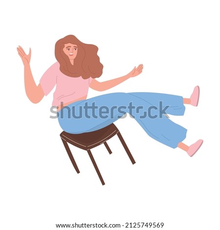 Young woman falls off his chair. The female character is flying to the floor. A person in an unstable position. The concept of failure. Cartoon vector illustration on an isolated white background.