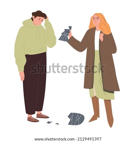 Woman scolds a man because of a broken vase. A quarrel of a married couple. The young man apologizes. Cartoon vector flat illustration on an isolated white background. 