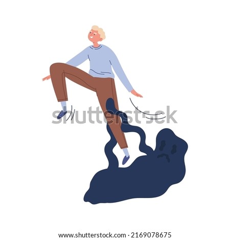 A happy man saves himself from psychological problems. Cartoon character. Self help concept. Mental disorders. Psychotherapy. Vector illustration on a white isolated background.