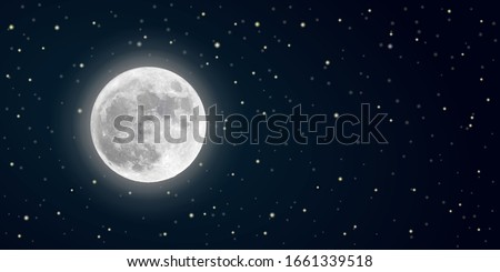 realistic vector full moon in the starry sky in the dark. banner with highlighted place for text