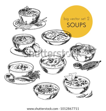 Vector hand drawn illustration with a soups set of different cuisines. dishes of different nations. graphic.