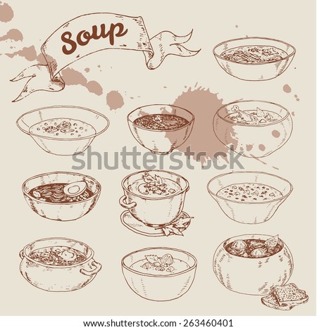 illustration with set of different soups cuisines. Vector illustration drawn by hand, graphics