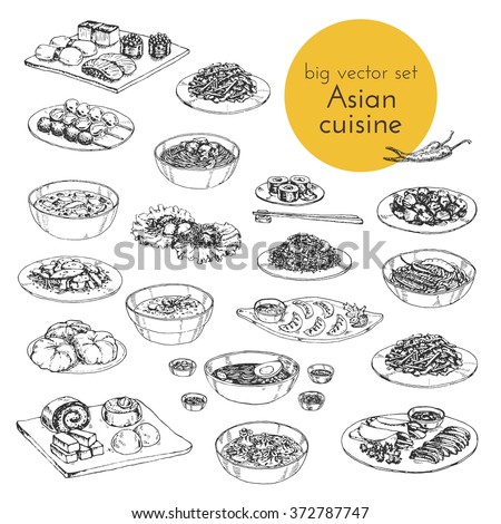 Vector Hand Drawn Black And White Illustration With A Set Of Asian ...