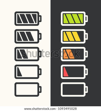 Icon set of batteries with different degree of energy charge. Battery black color; white battery with color scale charge power.