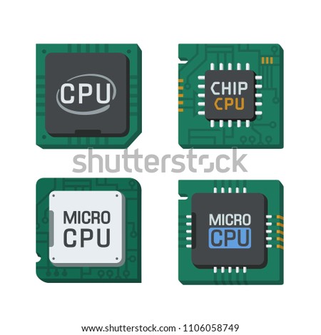 Chip CPU. Vector set Icon of computer chips. The processor has the inscription: CPU, chip, micro-chip, processor