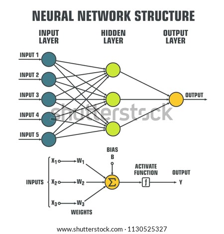 neural network. Logical scheme of a   perceptron with three outputs, an input and intermediate layers. Diagram of a neural network structure