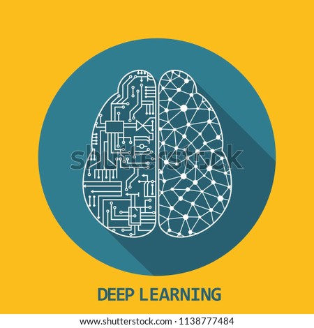 Vector icon theme of deep learning and machine learning. In the illustration, the brain with microcircuits and neural connections. Text: deep learning.