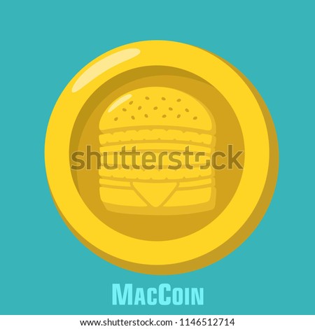 Vector icon McDonalds gold coin with burger sign. MacCoin Money in a flat style, text: MacCoin
