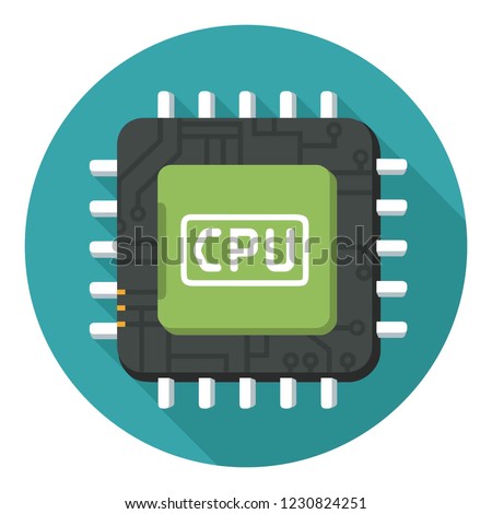 Vector technology computer chip icon. Illustration of a processor in a flat style. Text: CPU