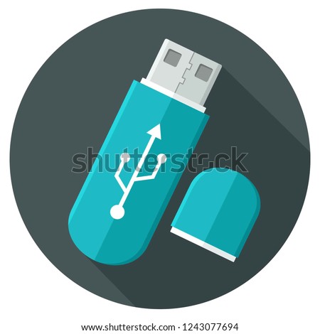 Vector tech icon blue usb flash drive. On the flash drive connection sign. Illustration USB in flat style.