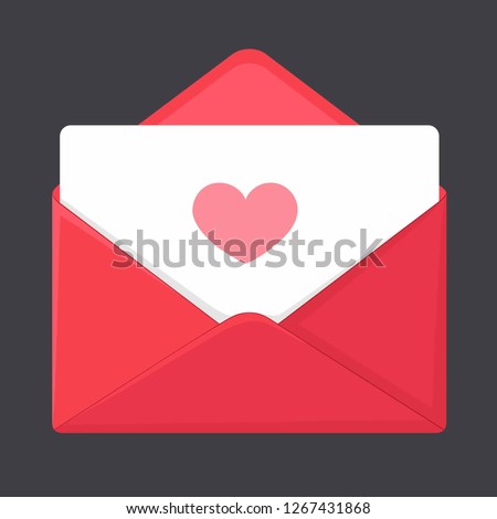 Vector romantic icon red envelope. In the envelope is a card with a heart. Illustration of a love letter in flat style.