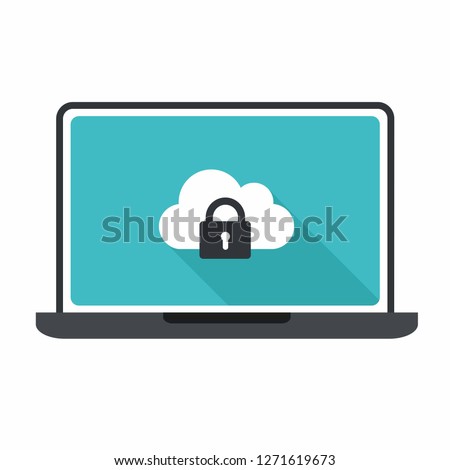 Vector tech computer laptop icon. On the computer screen a lock sign and a cloud of data. Illustration of a laptop in flat style.