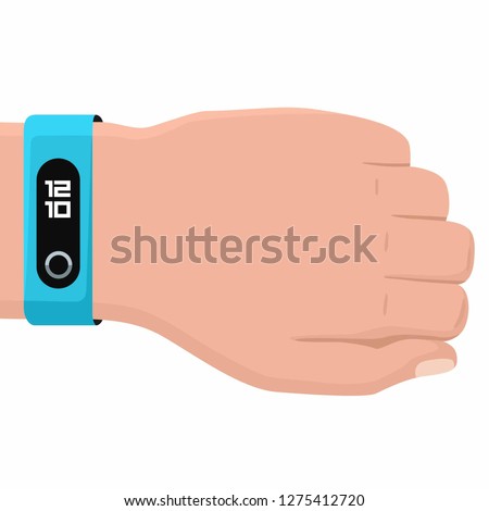Vector tech icon hand with fitness bracelet. Hand illustration with smart bracelet blue color in flat style.
